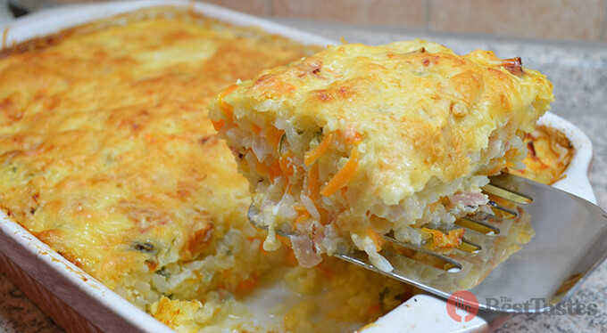 Recipe Baked rice with ham and cheese